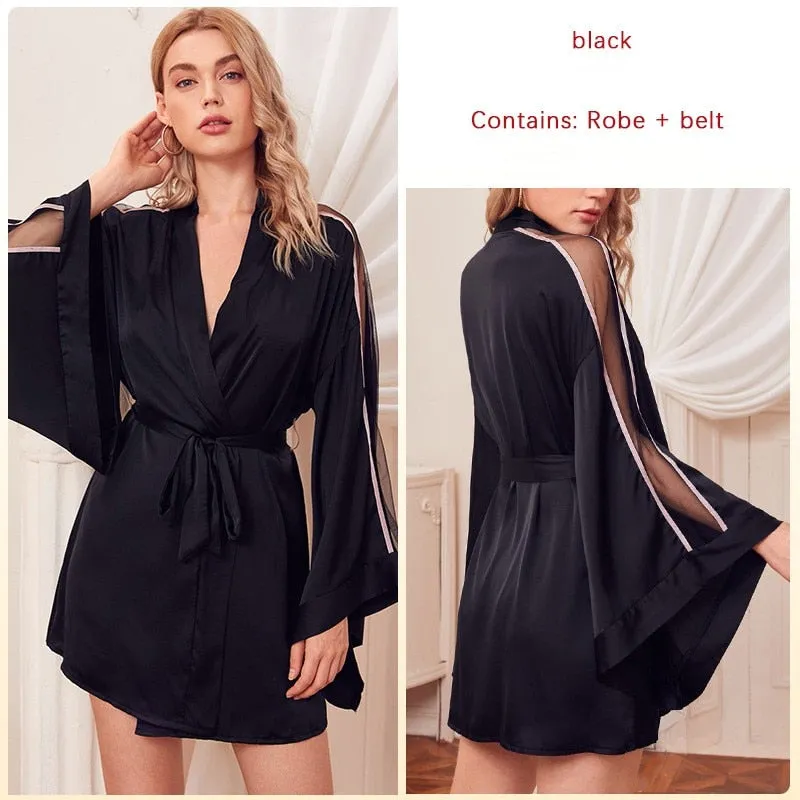 Women's Pajamas Robe Hollow Sleeve Kimino Deep V Neck Silky Nightrobe Sexy Bathrobe Elegant Sleepwear Lougewear Femme