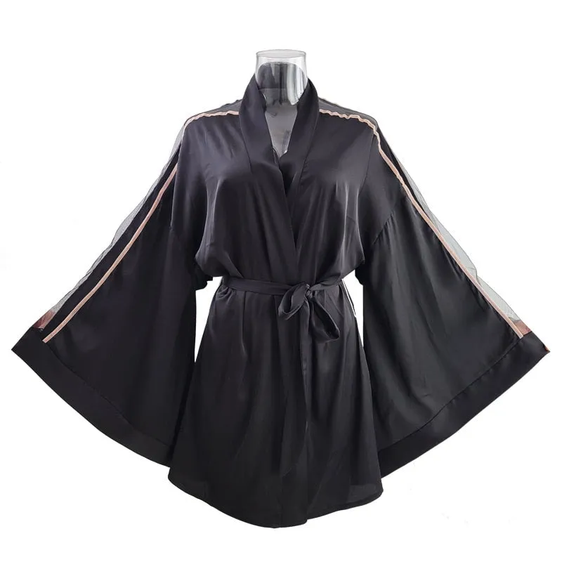 Women's Pajamas Robe Hollow Sleeve Kimino Deep V Neck Silky Nightrobe Sexy Bathrobe Elegant Sleepwear Lougewear Femme