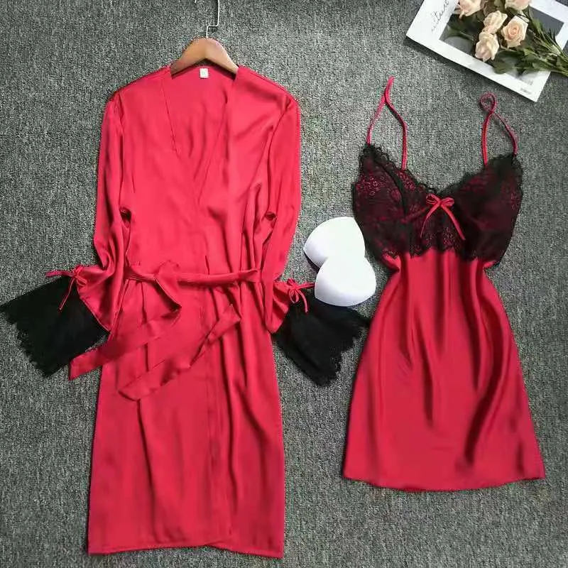 Women's Pajamas Robe Set Sexy Lace Sling Dress Luxury Nightgown Silk Like Homewear Elegant New Sleepdress пижама женская