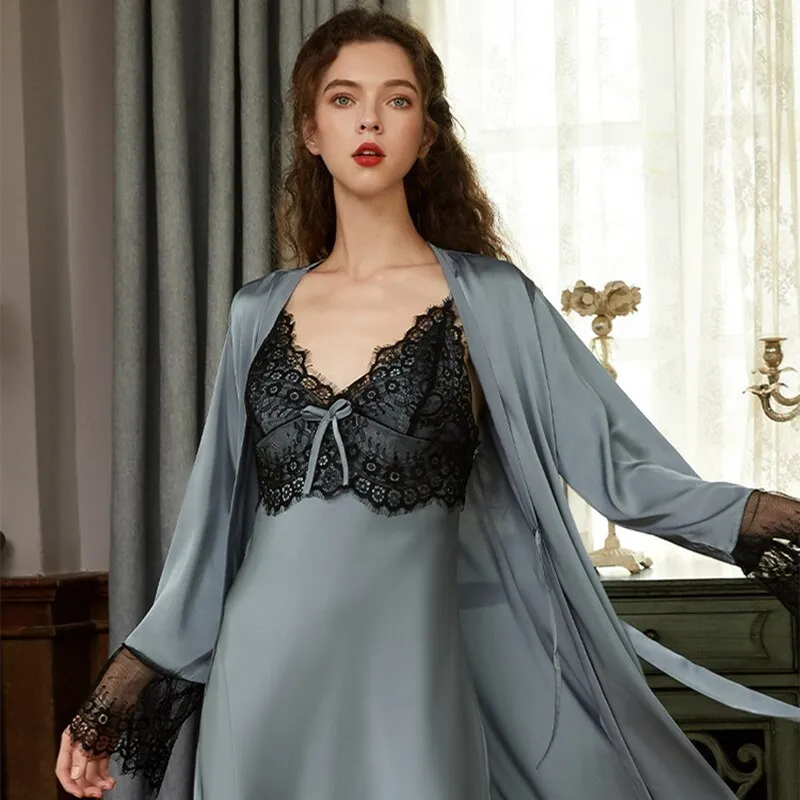 Women's Pajamas Robe Set Sexy Lace Sling Dress Luxury Nightgown Silk Like Homewear Elegant New Sleepdress пижама женская