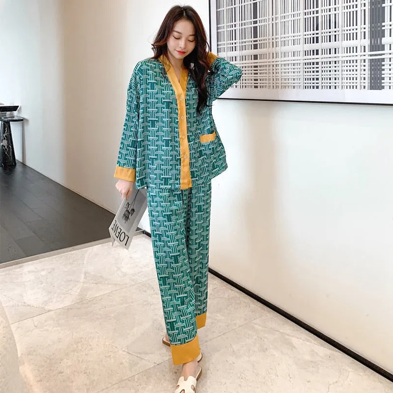 Women's Pajamas Set Fashion Plaid Stripes Print Sleepwear Silk Like Long Homewear Nightwear Femme Petite