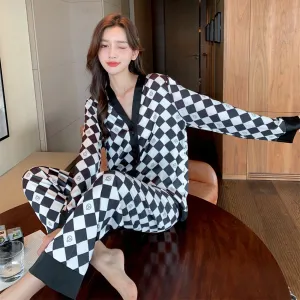 Women's Pajamas Set Fashion Plaid Stripes Print Sleepwear Silk Like Long Homewear Nightwear Femme Petite