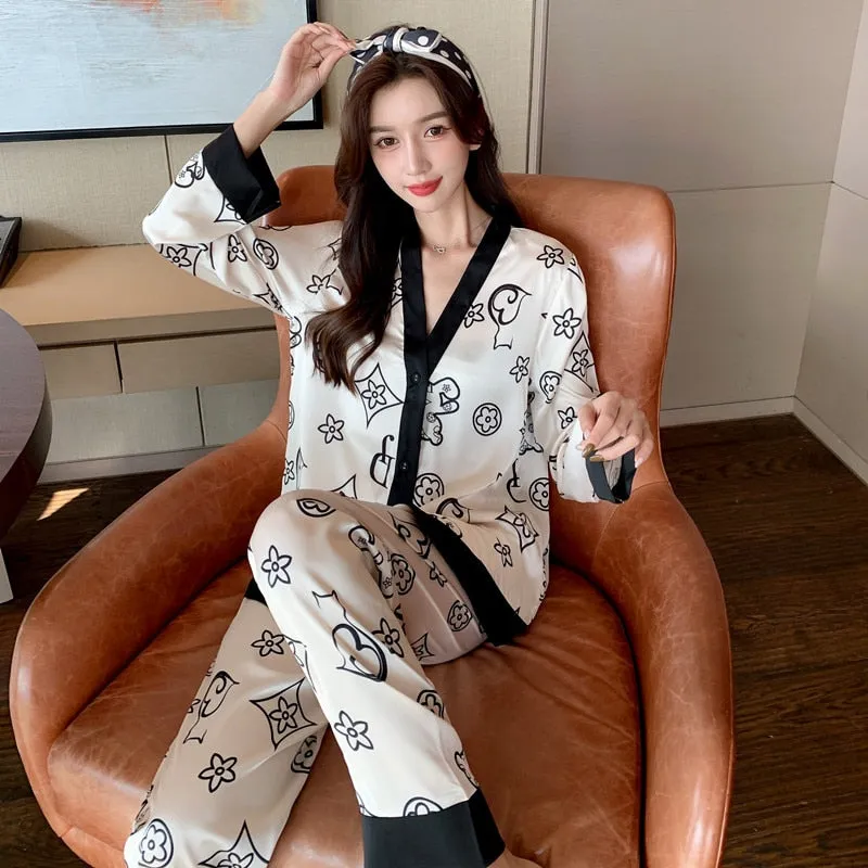 Women's Pajamas Set Fashion Plaid Stripes Print Sleepwear Silk Like Long Homewear Nightwear Femme Petite