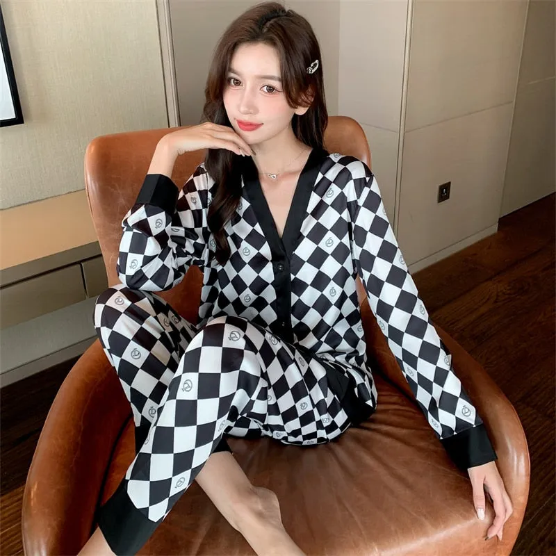 Women's Pajamas Set Fashion Plaid Stripes Print Sleepwear Silk Like Long Homewear Nightwear Femme Petite