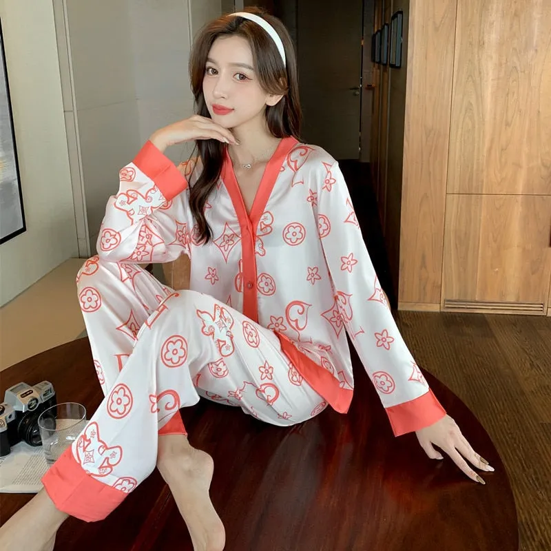 Women's Pajamas Set Fashion Plaid Stripes Print Sleepwear Silk Like Long Homewear Nightwear Femme Petite