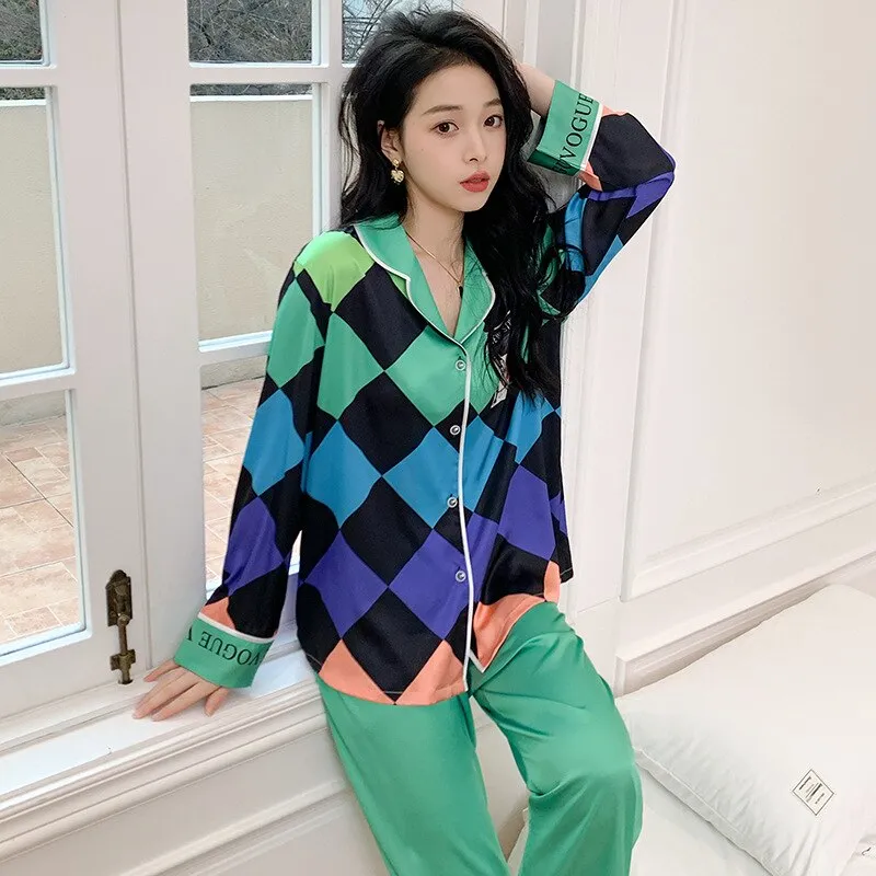 Women's Pajamas Set Gradient Plaid Sleepwear Silk Like Casual Homewear V Neck Nightwear Elegant Nightgown пижама женская