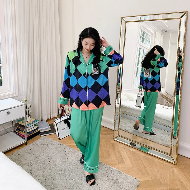 Women's Pajamas Set Gradient Plaid Sleepwear Silk Like Casual Homewear V Neck Nightwear Elegant Nightgown пижама женская