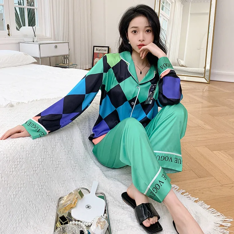 Women's Pajamas Set Gradient Plaid Sleepwear Silk Like Casual Homewear V Neck Nightwear Elegant Nightgown пижама женская