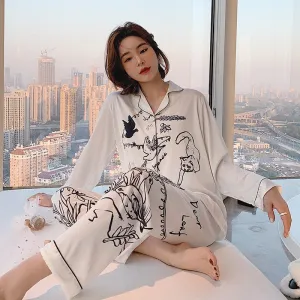 Women's Pajamas Set Luxury Style Fashion Natural Animal Graffiti Sleepwear Silk Like Leisure Home Clothes Nightwear