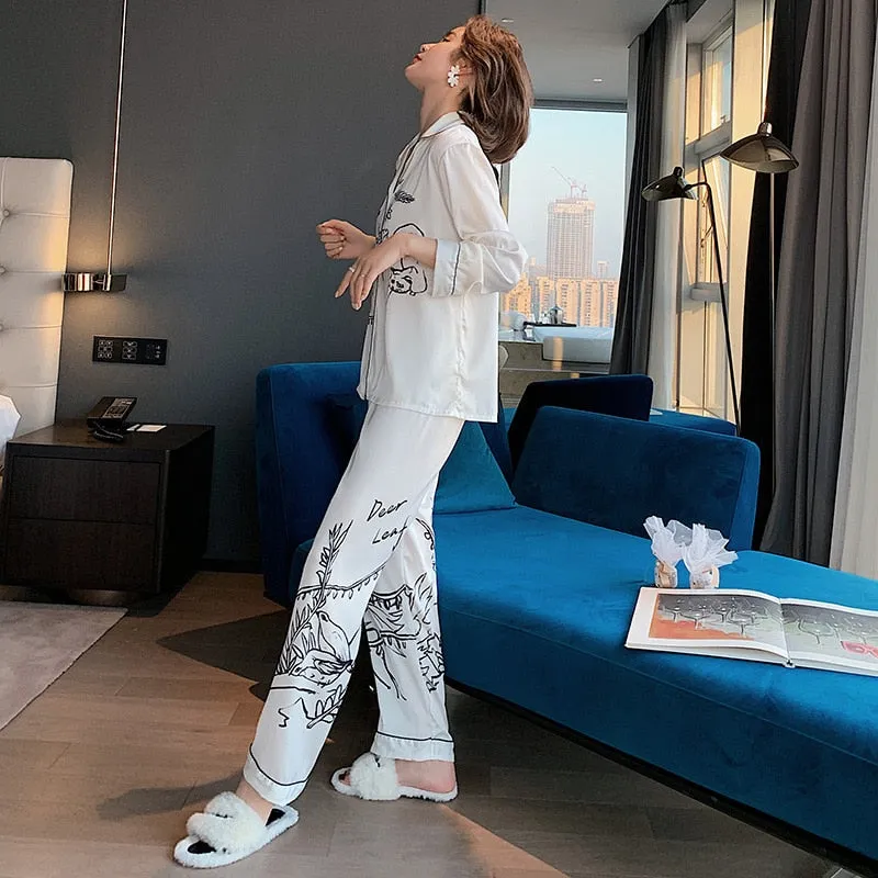 Women's Pajamas Set Luxury Style Fashion Natural Animal Graffiti Sleepwear Silk Like Leisure Home Clothes Nightwear