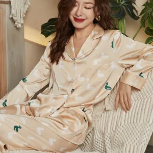 Women's Pajamas Set Luxury Style Hand-painted Duck Sleepwear Silk Like Casual Homewear Nightwear Pyjamas Femme