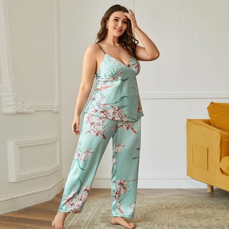 Women's Pajamas Set Plus Size Floral Print Sleepwear Silk Like Homewear Sling Camisole Pants Nightwear 5XL for Summer