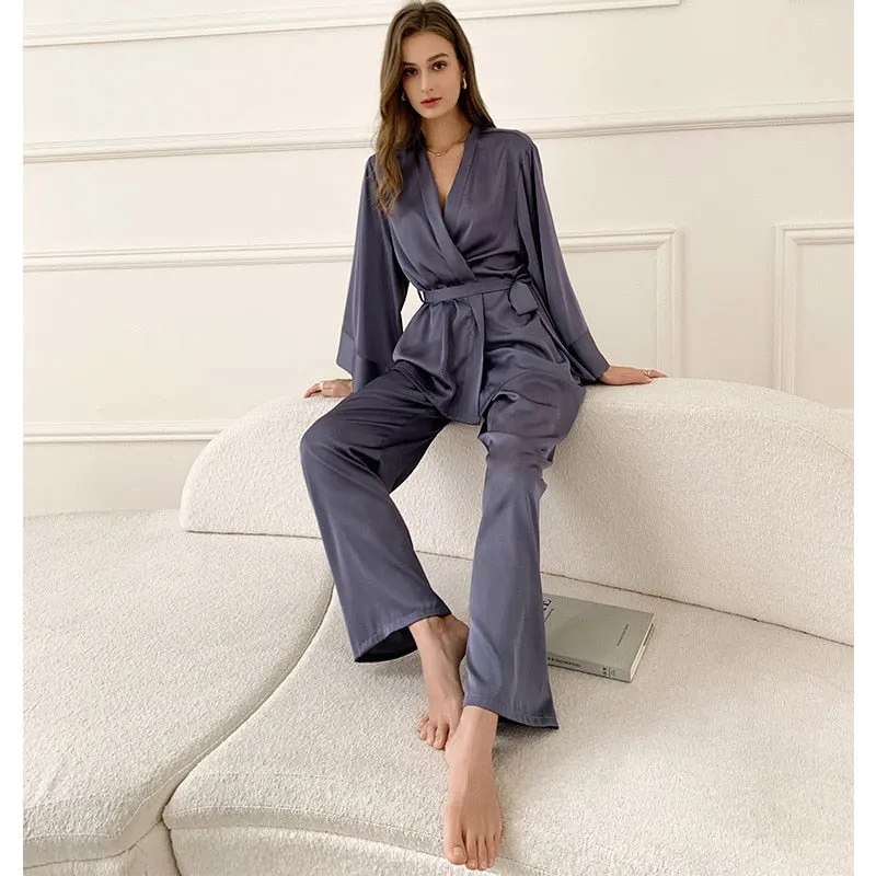 Women's Pajamas Set Solid Sleepwear Silk Like Casual Homewear V Neck Nightwear Simplicity Nightgown Femme пижама женская