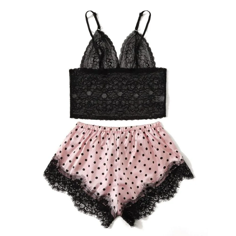 Women's Satin Lace Camisole and Pink Shorts Set