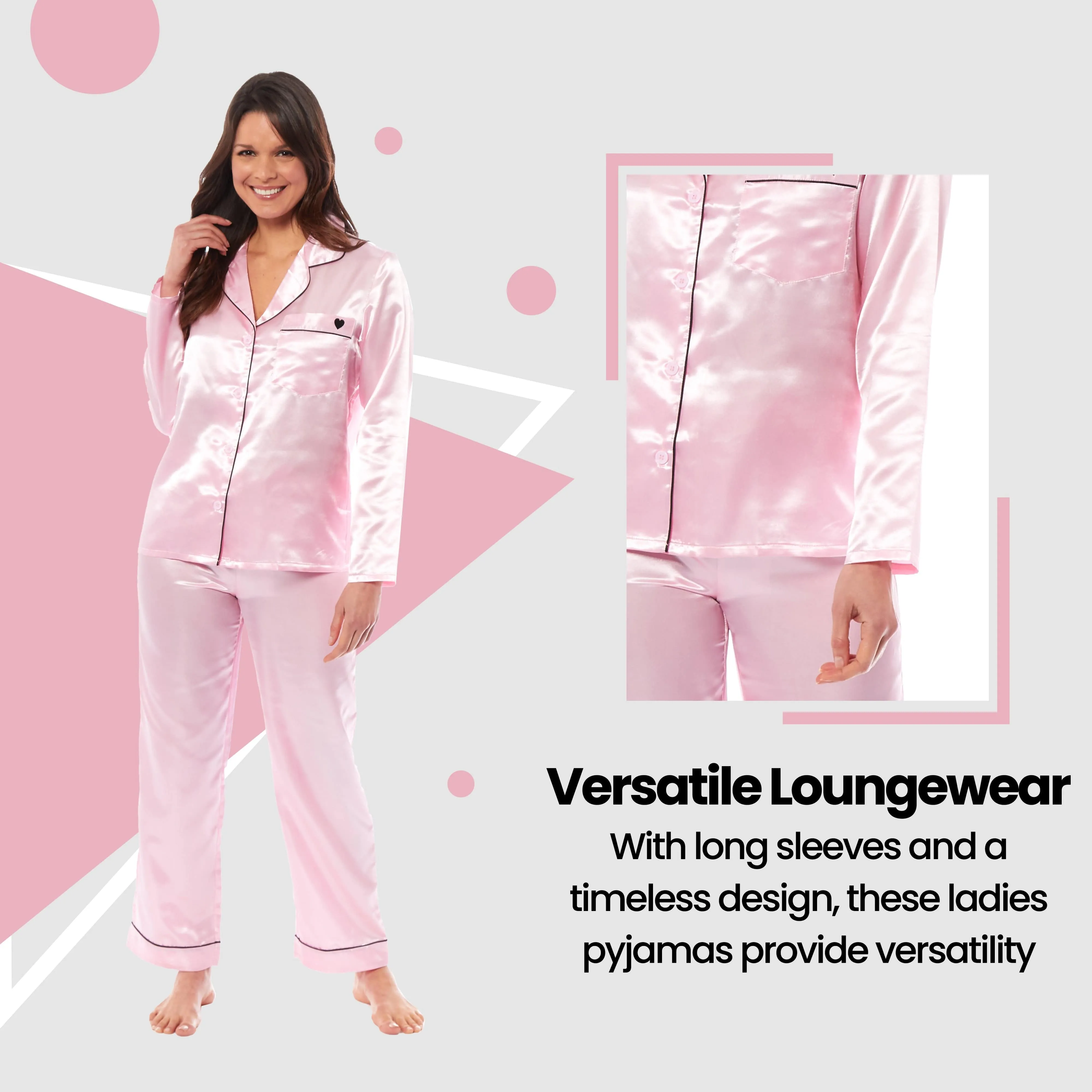 Women's Satin Silk Luxurious Pyjama Set with Dress Shirt Collar and Loose-Fitting Pants in Black Pink Grey by Daisy Dreamer