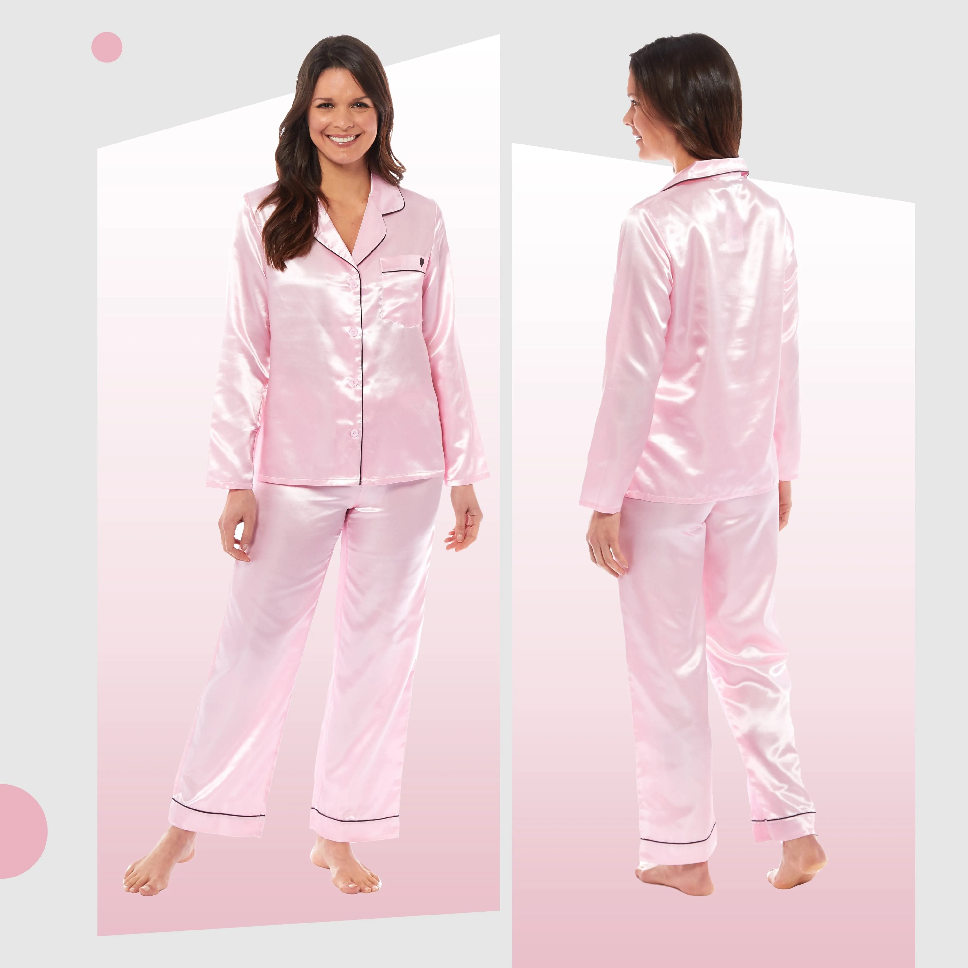 Women's Satin Silk Luxurious Pyjama Set with Dress Shirt Collar and Loose-Fitting Pants in Black Pink Grey by Daisy Dreamer