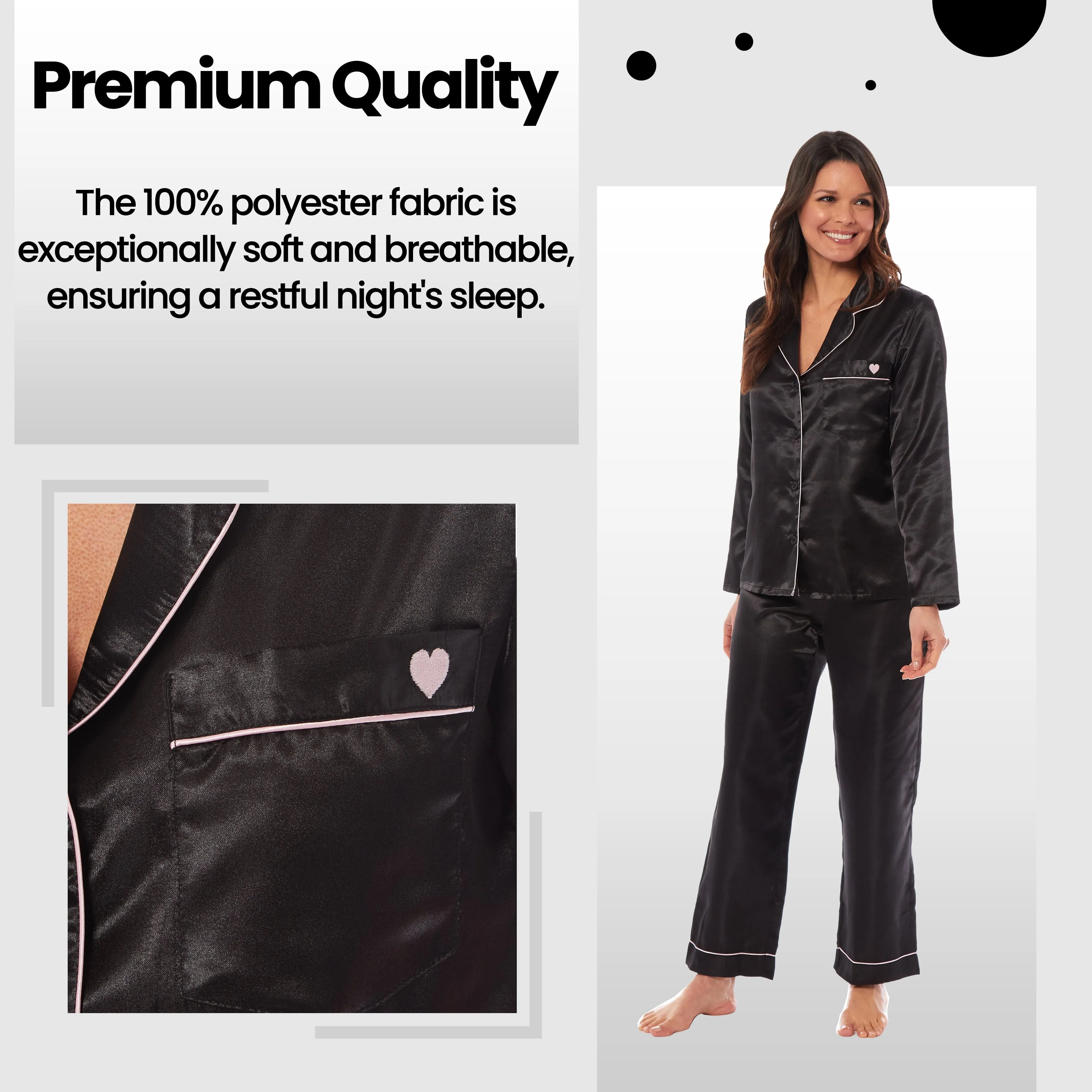 Women's Satin Silk Luxurious Pyjama Set with Dress Shirt Collar and Loose-Fitting Pants in Black Pink Grey by Daisy Dreamer