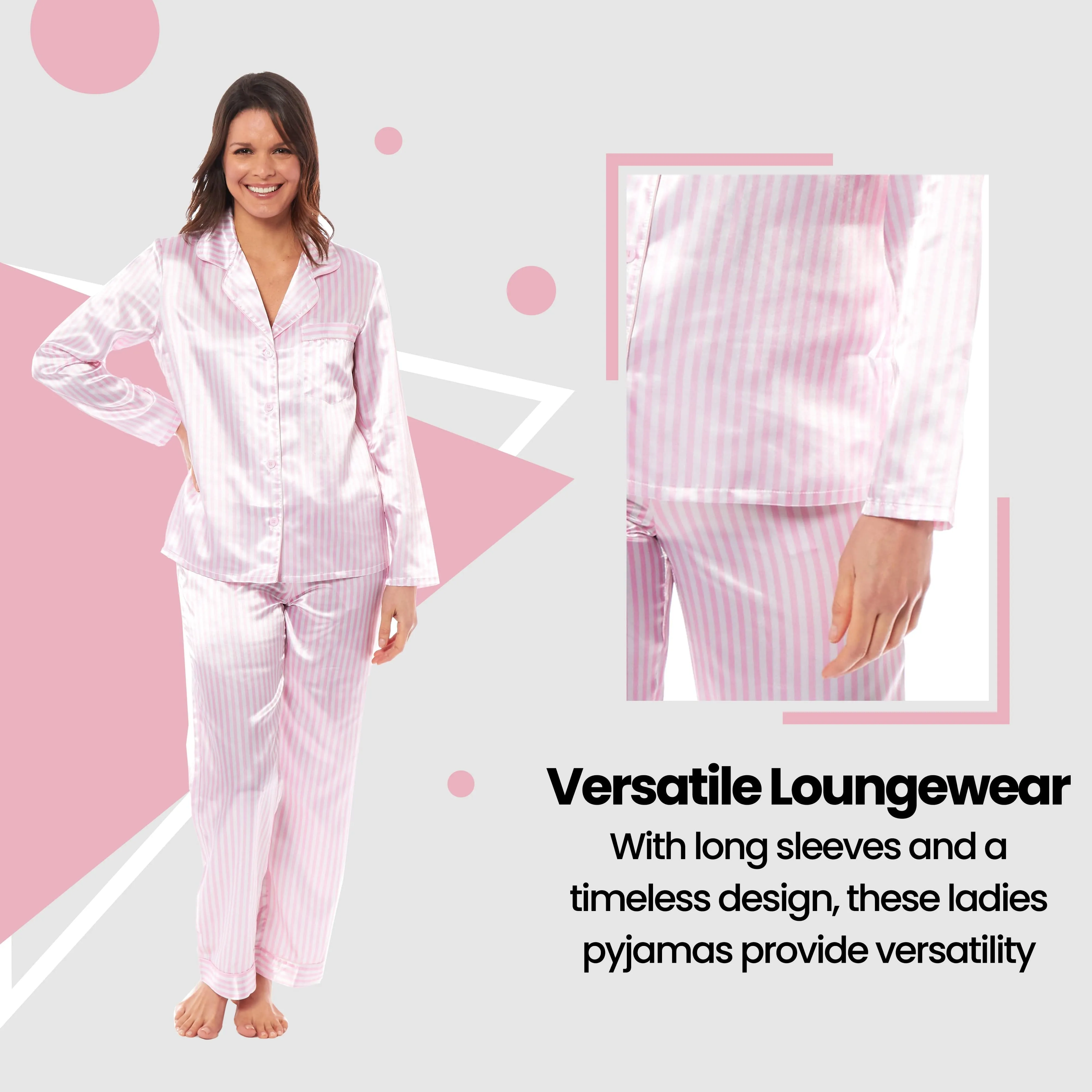 Women's Satin Silk Luxurious Pyjama Set with Dress Shirt Collar and Loose-Fitting Pants in Black Pink Grey by Daisy Dreamer