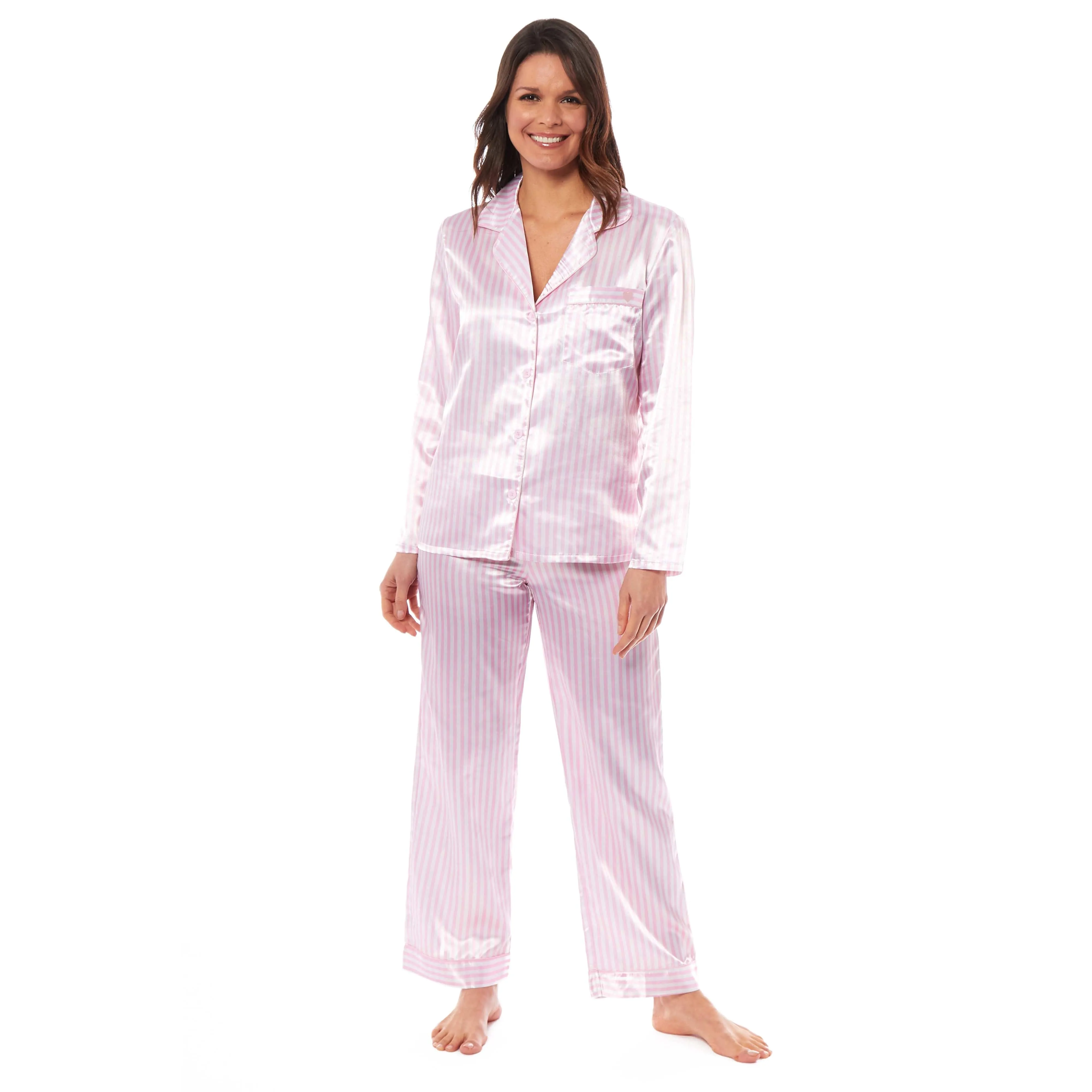 Women's Satin Silk Luxurious Pyjama Set with Dress Shirt Collar and Loose-Fitting Pants in Black Pink Grey by Daisy Dreamer