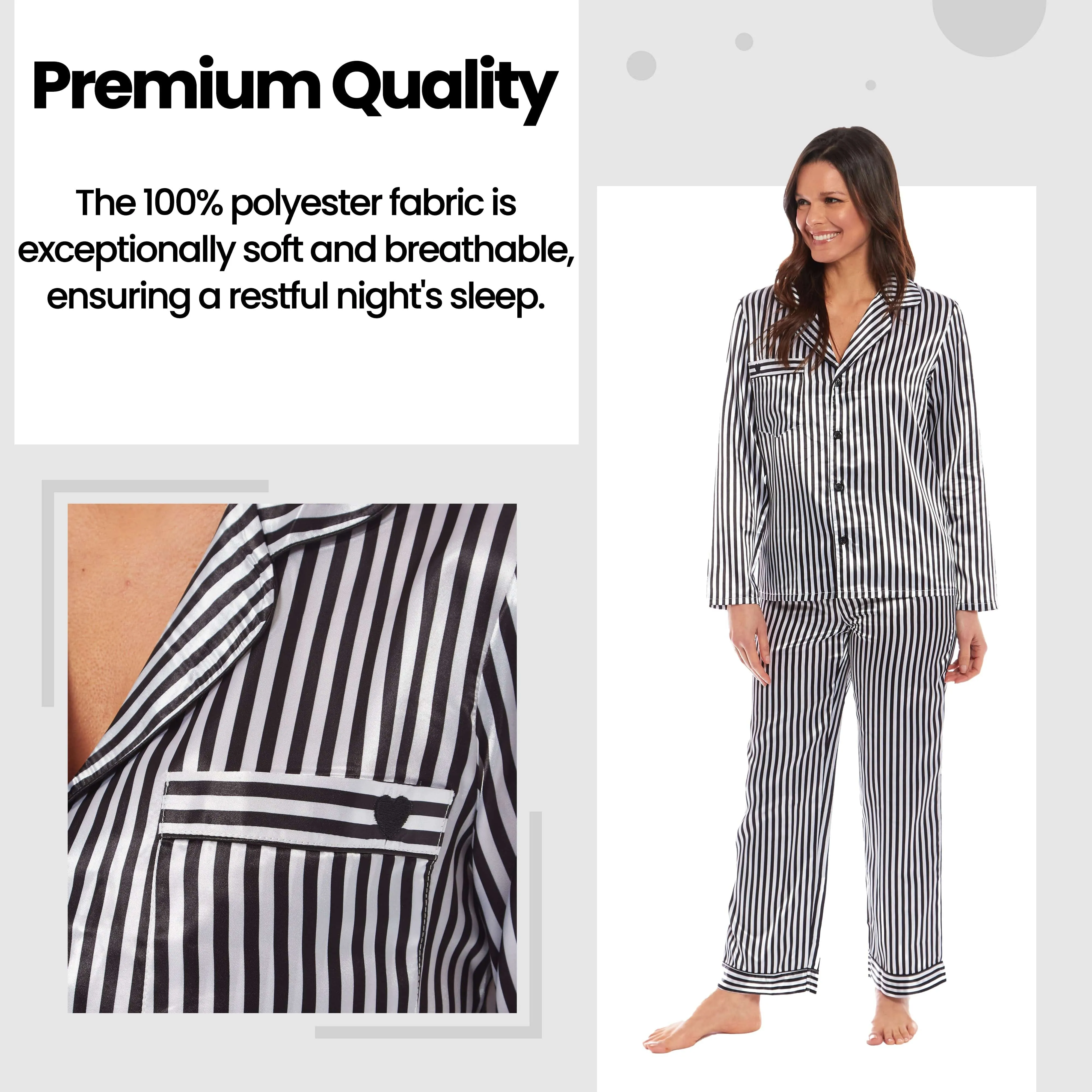 Women's Satin Silk Luxurious Pyjama Set with Dress Shirt Collar and Loose-Fitting Pants in Black Pink Grey by Daisy Dreamer