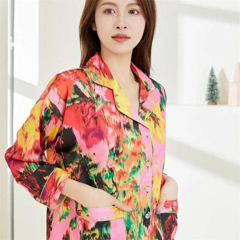 Women's Spring Autumn Silk Like Pajamas Polo Collar Long Sleeve Pants Two Piece Set Colorful Printed Fashion Home Suit